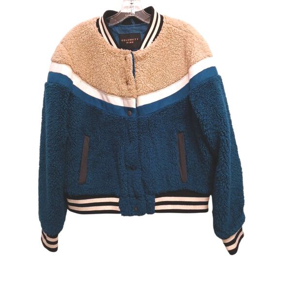 Celebrity Pink Jacket Faux Fur Varsity Bomber Teddy Coat Green Beige Women Sz L - Picture 2 of 16